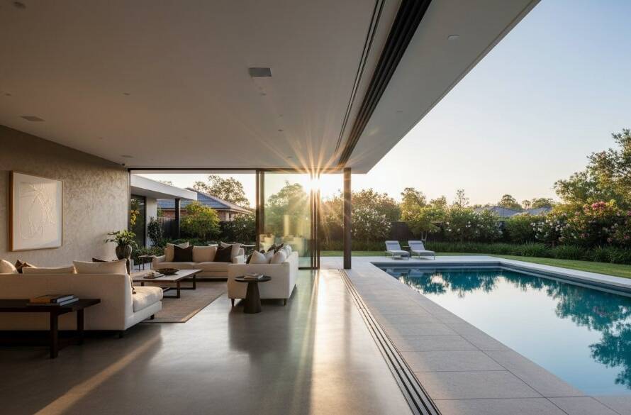 A wide-angle, epic moment photograph showcasing a beautifully staged modern living room with abundant natural light pouring in from large windows, overlooking a vibrant Wantirna South garden, captured with professional real estate photography Wantirna South techniques, highlighting luxurious textures and a welcoming ambiance.