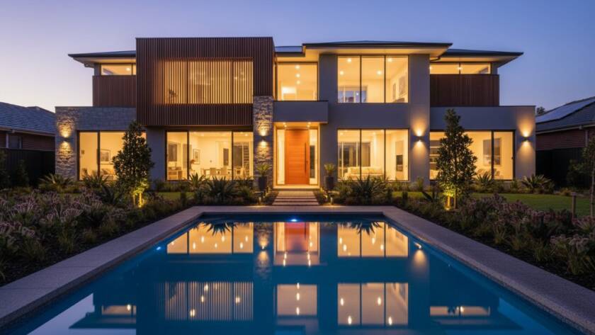 An epic, wide-angle professional real estate photography Wantirna Victoria shot of a modern, light-filled living room in a Wantirna home, bathed in warm afternoon sunlight, showcasing high ceilings and an inviting outdoor entertaining area visible through large glass doors, evoking a sense of luxury and space.