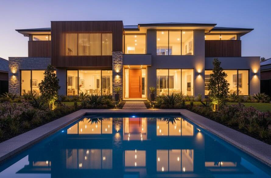 An epic, wide-angle professional real estate photography Wantirna Victoria shot of a modern, light-filled living room in a Wantirna home, bathed in warm afternoon sunlight, showcasing high ceilings and an inviting outdoor entertaining area visible through large glass doors, evoking a sense of luxury and space.