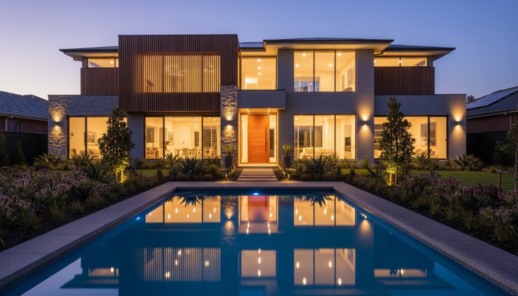 An epic, wide-angle professional real estate photography Wantirna Victoria shot of a modern, light-filled living room in a Wantirna home, bathed in warm afternoon sunlight, showcasing high ceilings and an inviting outdoor entertaining area visible through large glass doors, evoking a sense of luxury and space.