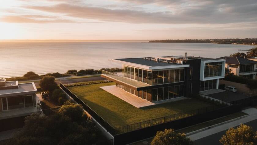 An epic, sweeping aerial photograph of a luxurious coastal home in Werribee South at sunset, showcasing professional real estate photography Werribee South coastal homes, with golden light illuminating the property and the tranquil Port Phillip Bay in the background.