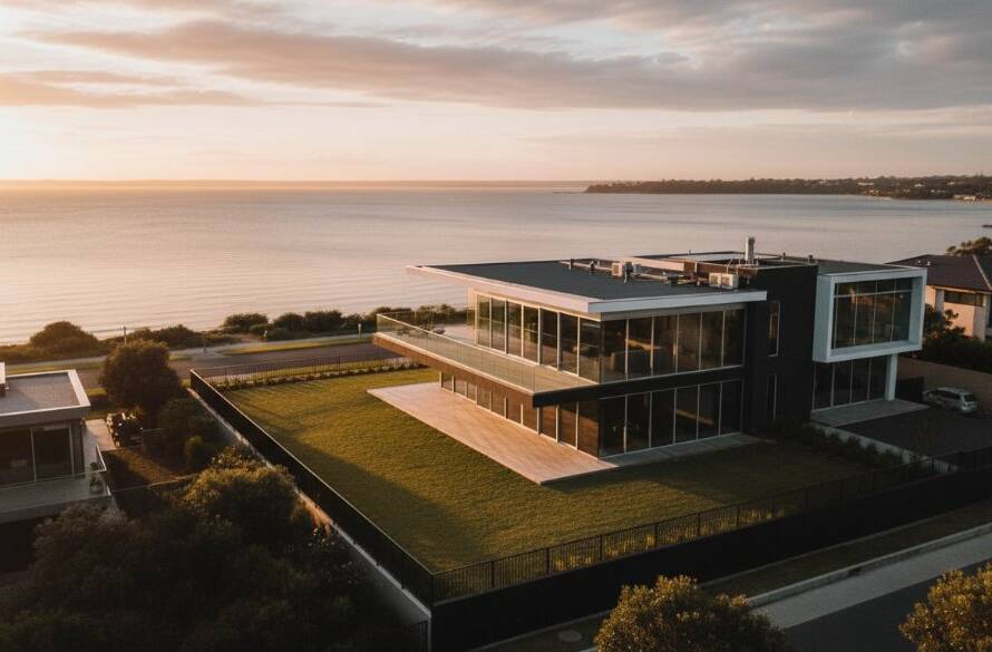 An epic, sweeping aerial photograph of a luxurious coastal home in Werribee South at sunset, showcasing professional real estate photography Werribee South coastal homes, with golden light illuminating the property and the tranquil Port Phillip Bay in the background.