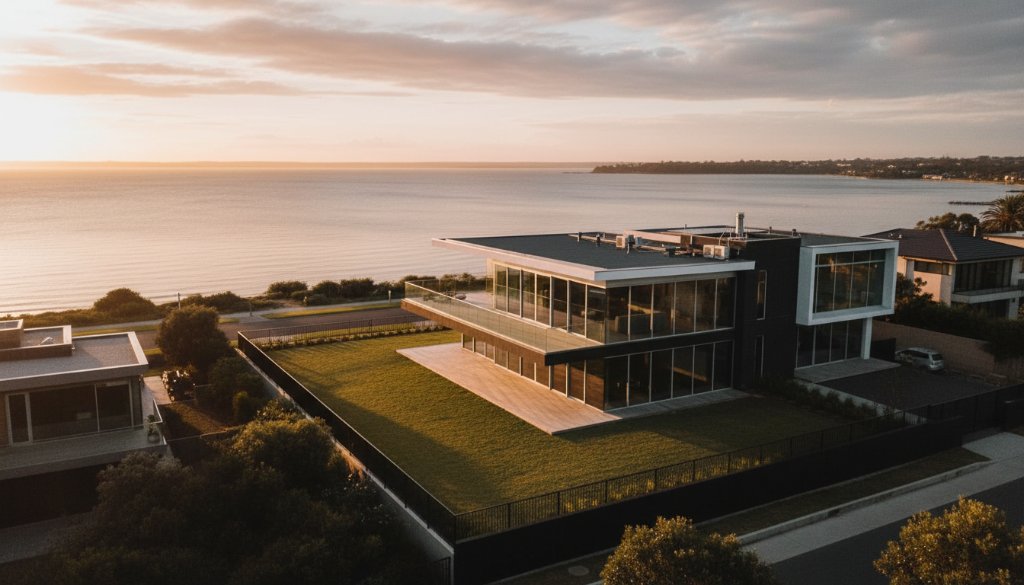An epic, sweeping aerial photograph of a luxurious coastal home in Werribee South at sunset, showcasing professional real estate photography Werribee South coastal homes, with golden light illuminating the property and the tranquil Port Phillip Bay in the background.