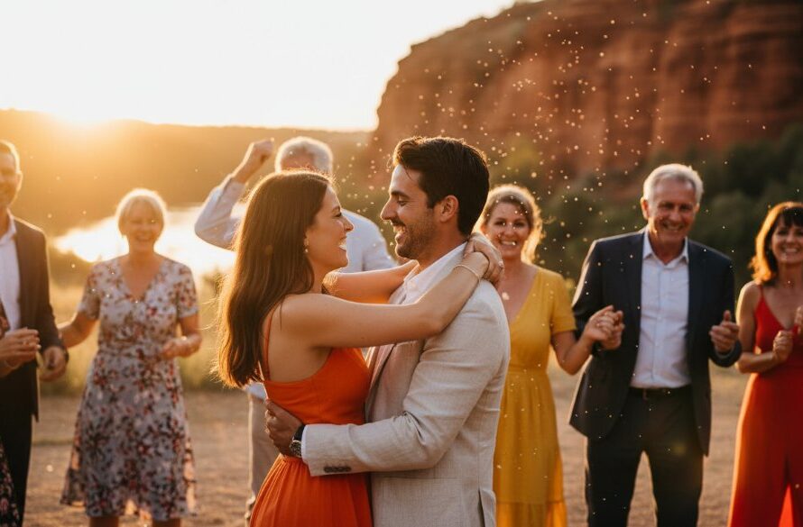 An epic moment of joyful guests dancing under festive lights at a sunset party, showcasing professional Red Cliffs party photography for memorable events, with the vibrant Red Cliffs landscape in the background.