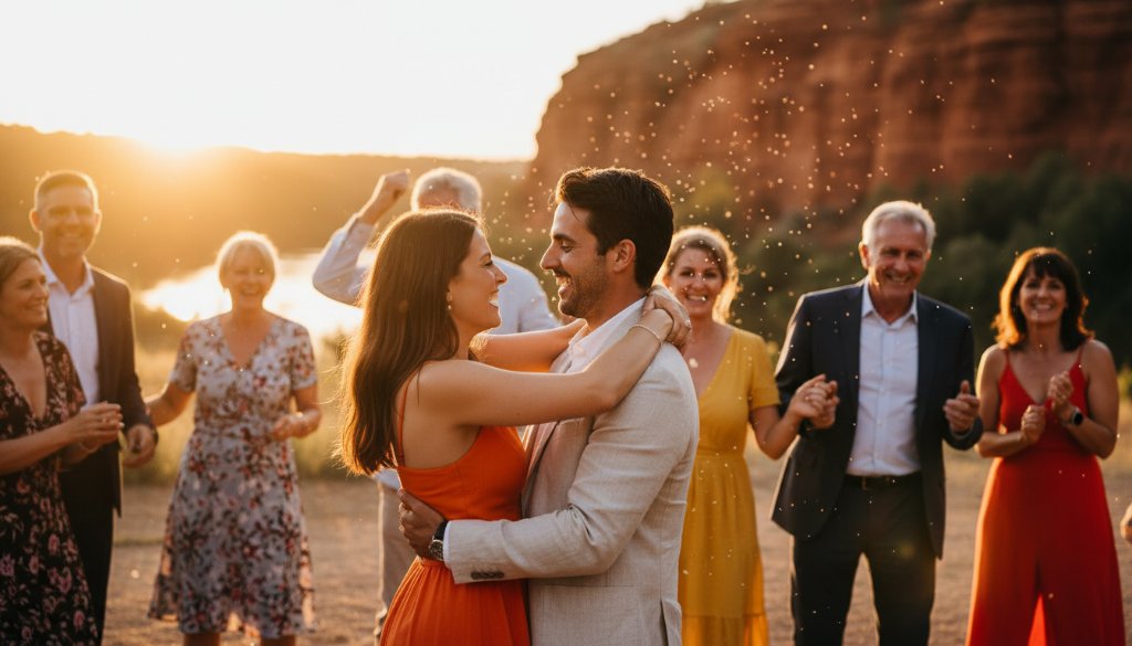 An epic moment of joyful guests dancing under festive lights at a sunset party, showcasing professional Red Cliffs party photography for memorable events, with the vibrant Red Cliffs landscape in the background.