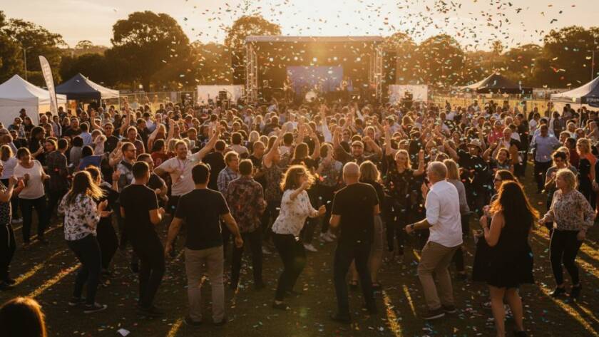 An epic moment of joyful laughter and confetti falling during a large outdoor community festival in Ringwood, showcasing professional Ringwood event photography for vibrant celebrations, with dramatic golden hour lighting and a wide-angle composition capturing the vibrant energy.