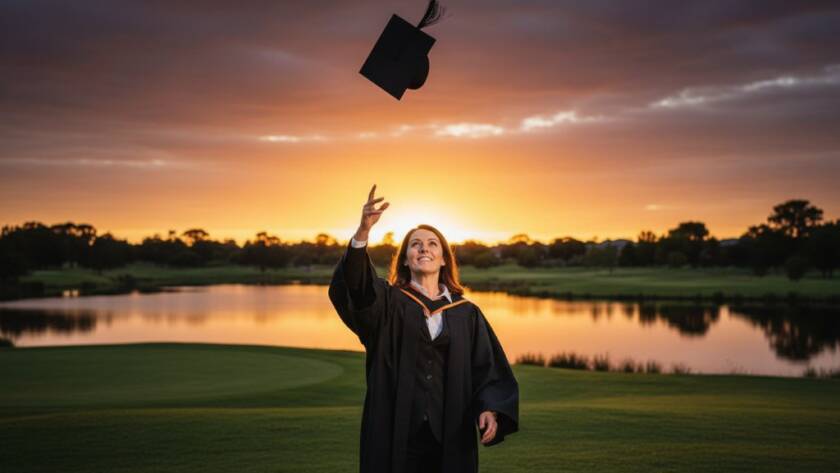 An epic moment captured: A graduating student in Sandhurst, Victoria, joyfully tossing their cap against a vibrant sunset sky, surrounded by cheering friends, showcasing professional Sandhurst Victoria graduation photography with dramatic backlighting and vivid colours.