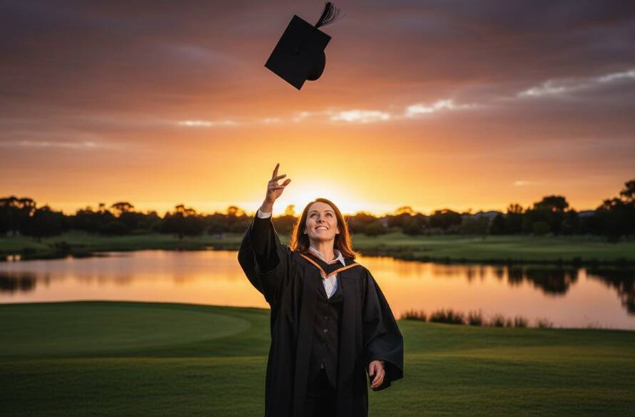 An epic moment captured: A graduating student in Sandhurst, Victoria, joyfully tossing their cap against a vibrant sunset sky, surrounded by cheering friends, showcasing professional Sandhurst Victoria graduation photography with dramatic backlighting and vivid colours.