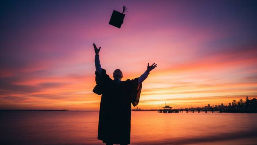 A jubilant graduate, cap mid-air, silhouetted against a dramatic Sandringham sunset with the bay sparkling, symbolising professional Sandringham graduation photography capturing milestone moments with epic joy.