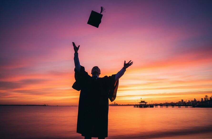 A jubilant graduate, cap mid-air, silhouetted against a dramatic Sandringham sunset with the bay sparkling, symbolising professional Sandringham graduation photography capturing milestone moments with epic joy.