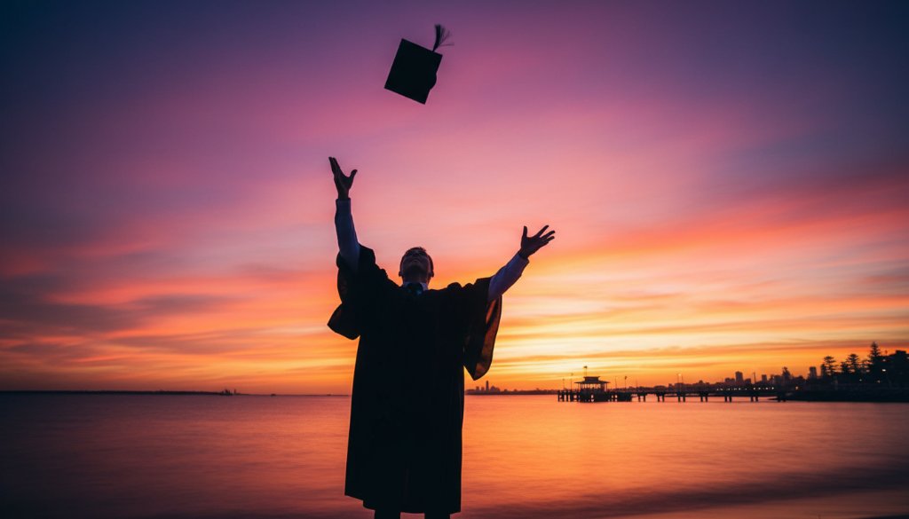 A jubilant graduate, cap mid-air, silhouetted against a dramatic Sandringham sunset with the bay sparkling, symbolising professional Sandringham graduation photography capturing milestone moments with epic joy.