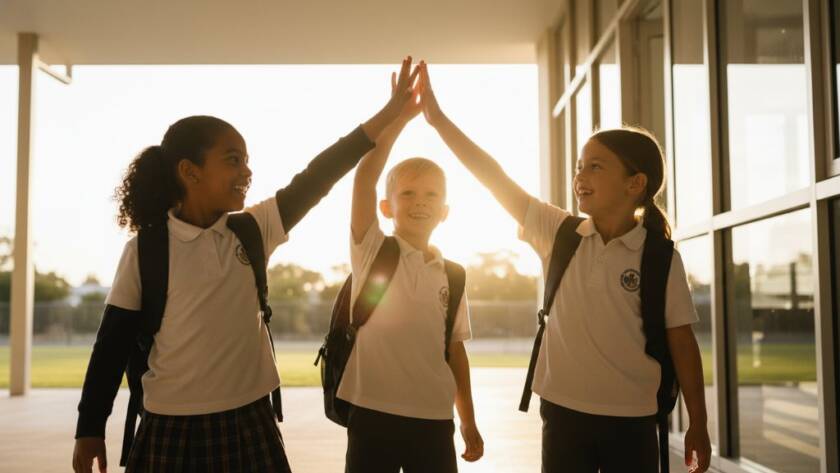 An epic moment of joy captured through professional school photography in Altona Meadows, showing a group of diverse primary school children laughing and embracing outdoors in warm natural light, with a blurred backdrop of Altona Meadows parkland, evoking genuine happiness and friendship.