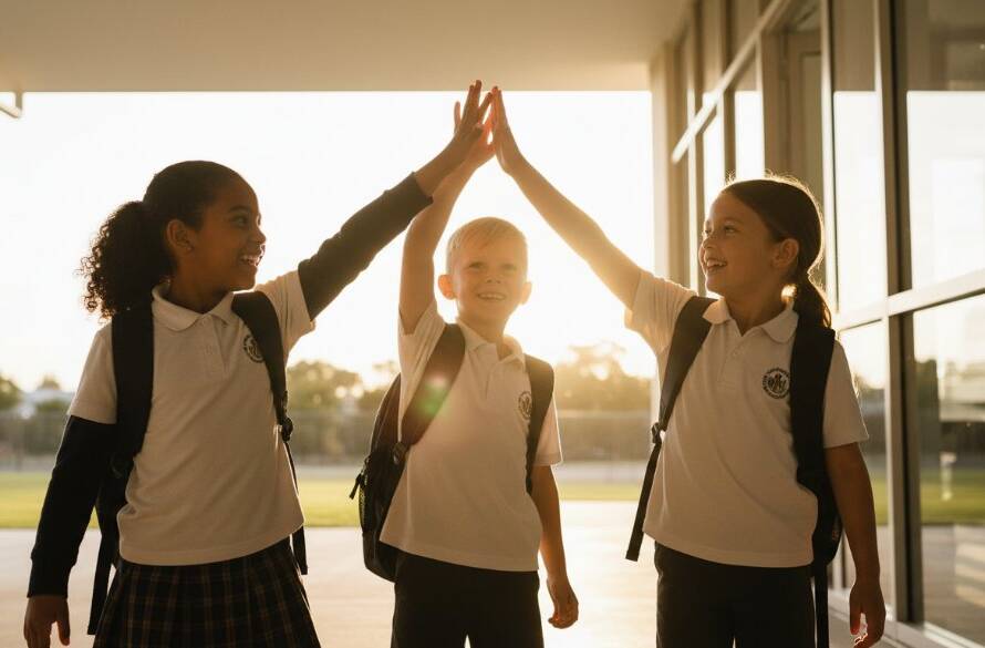 An epic moment of joy captured through professional school photography in Altona Meadows, showing a group of diverse primary school children laughing and embracing outdoors in warm natural light, with a blurred backdrop of Altona Meadows parkland, evoking genuine happiness and friendship.