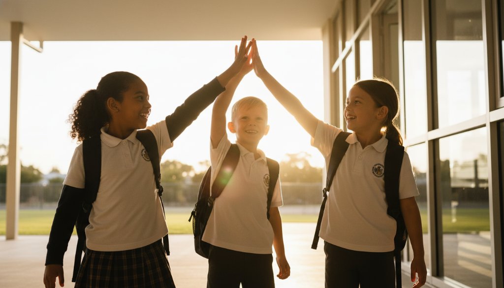 An epic moment of joy captured through professional school photography in Altona Meadows, showing a group of diverse primary school children laughing and embracing outdoors in warm natural light, with a blurred backdrop of Altona Meadows parkland, evoking genuine happiness and friendship.