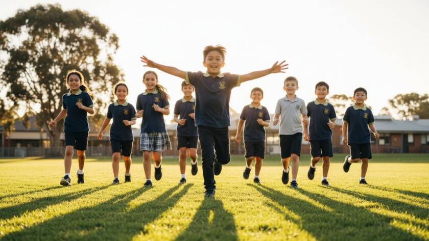 Dynamic wide-angle shot of a group of primary school children in Ashburton, Victoria, laughing and running on a sunny day in a school oval, showcasing professional school photography Ashburton capturing genuine student joy. Golden hour light bathes the scene, highlighting their vibrant uniforms and genuine expressions.