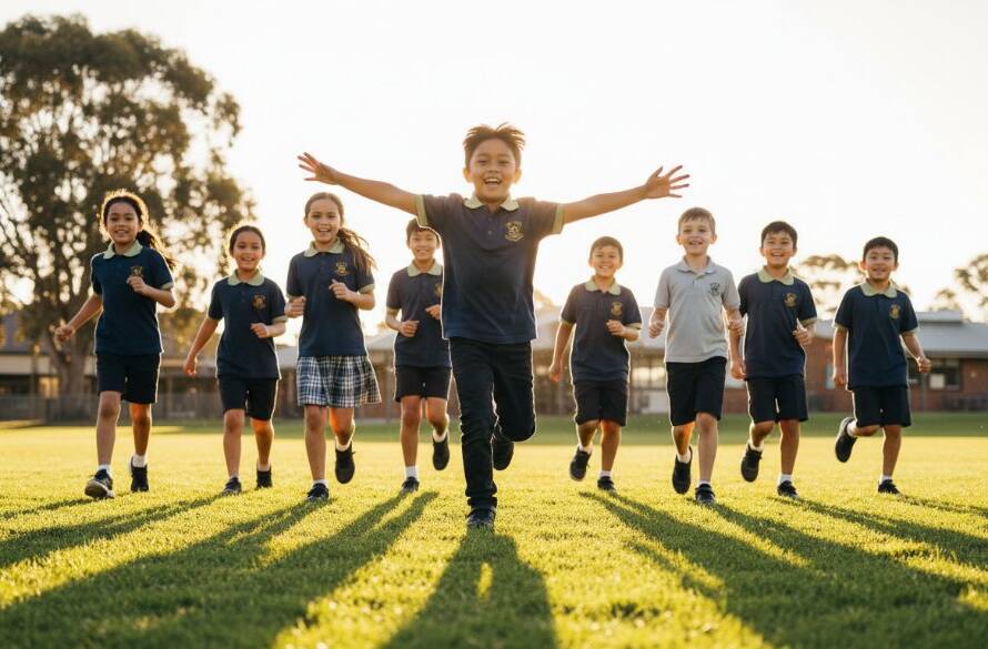 Dynamic wide-angle shot of a group of primary school children in Ashburton, Victoria, laughing and running on a sunny day in a school oval, showcasing professional school photography Ashburton capturing genuine student joy. Golden hour light bathes the scene, highlighting their vibrant uniforms and genuine expressions.
