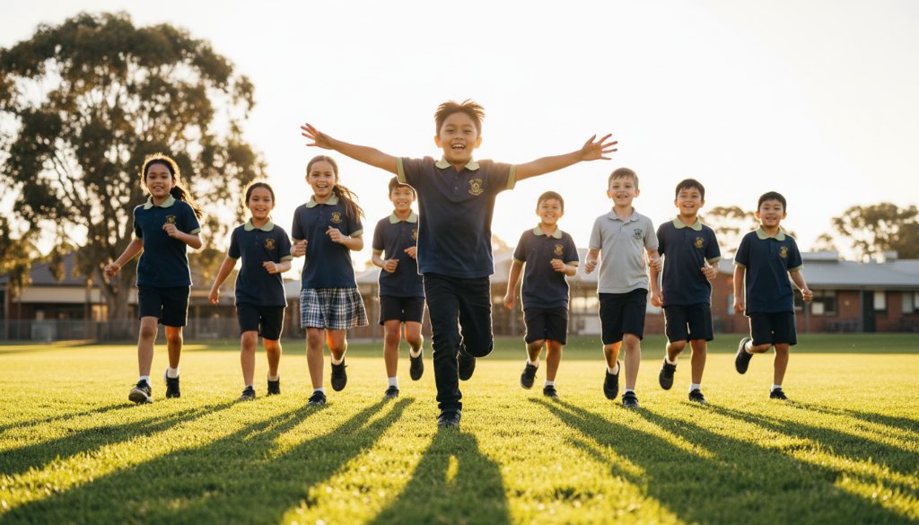 Dynamic wide-angle shot of a group of primary school children in Ashburton, Victoria, laughing and running on a sunny day in a school oval, showcasing professional school photography Ashburton capturing genuine student joy. Golden hour light bathes the scene, highlighting their vibrant uniforms and genuine expressions.