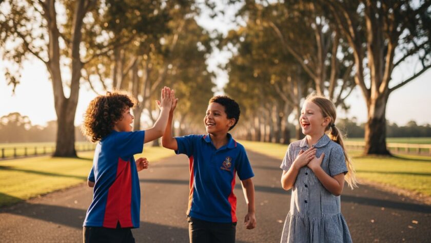 A vibrant, professionally captured photograph showcasing a group of diverse primary school children from Bacchus Marsh laughing joyfully during a 'genuine moments' school photography session, with the historic Bacchus Marsh Avenue of Honour in the softly blurred background under dramatic, warm afternoon light.