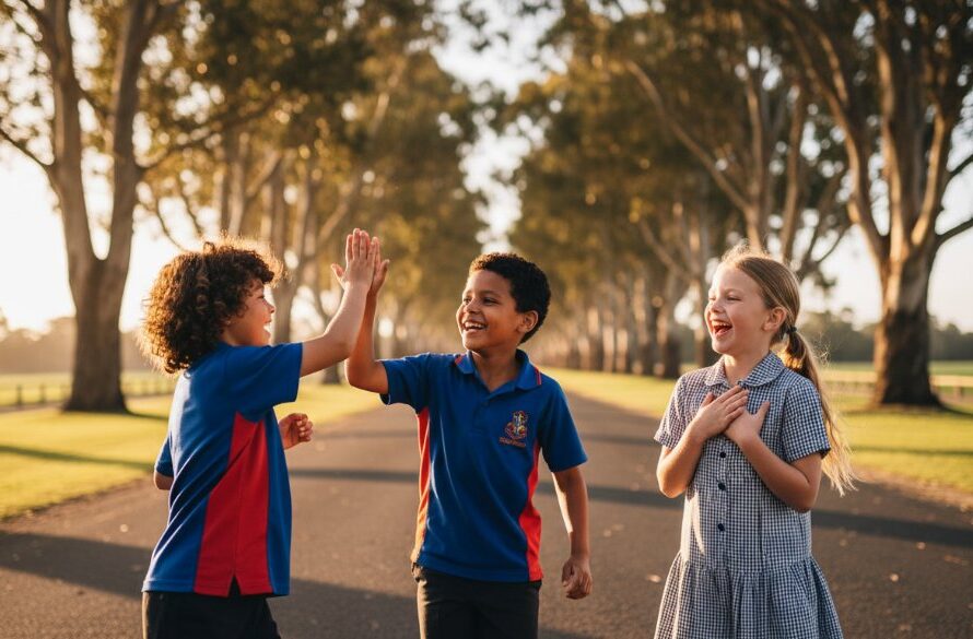 A vibrant, professionally captured photograph showcasing a group of diverse primary school children from Bacchus Marsh laughing joyfully during a 'genuine moments' school photography session, with the historic Bacchus Marsh Avenue of Honour in the softly blurred background under dramatic, warm afternoon light.
