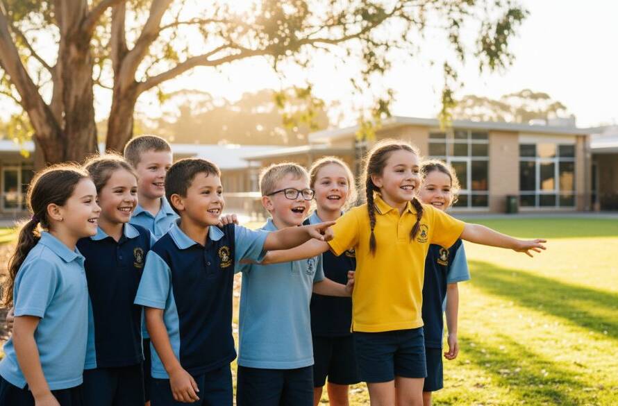An authentic, joyful moment captured during professional school photography Balwyn North vibrant portraits, showing a diverse group of primary school children laughing under golden sunlight on a lush school oval in Balwyn North, Victoria, embodying a truly vibrant and happy school spirit.