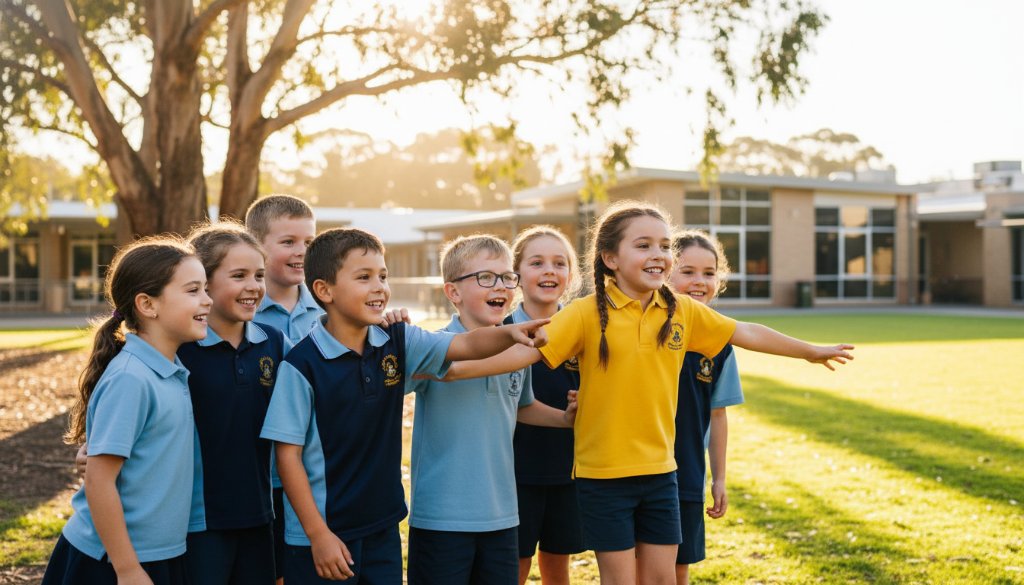 An authentic, joyful moment captured during professional school photography Balwyn North vibrant portraits, showing a diverse group of primary school children laughing under golden sunlight on a lush school oval in Balwyn North, Victoria, embodying a truly vibrant and happy school spirit.