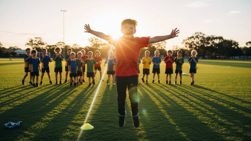 A vibrant, high-angle professional school photography Bayswater preserving precious memories shot, capturing a group of happy primary school children in Bayswater, Victoria, laughing joyfully on a sunny school oval, with dynamic lens flare and a subtle blur of action in the background, conveying energy and youthful exuberance.