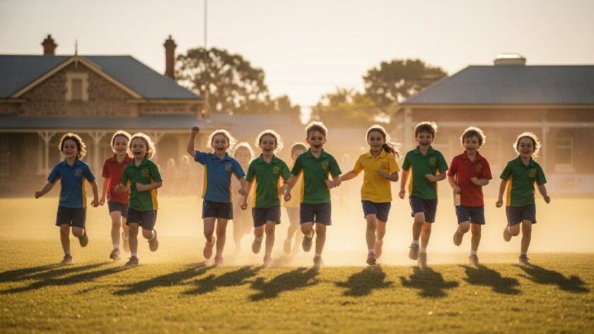 A vibrant, professionally colour-graded photograph showcasing the joy and camaraderie of students during a school sports day in Clunes, Victoria, perfectly capturing professional school photography Clunes Victoria memories with dynamic action and bright smiles under dramatic afternoon light.
