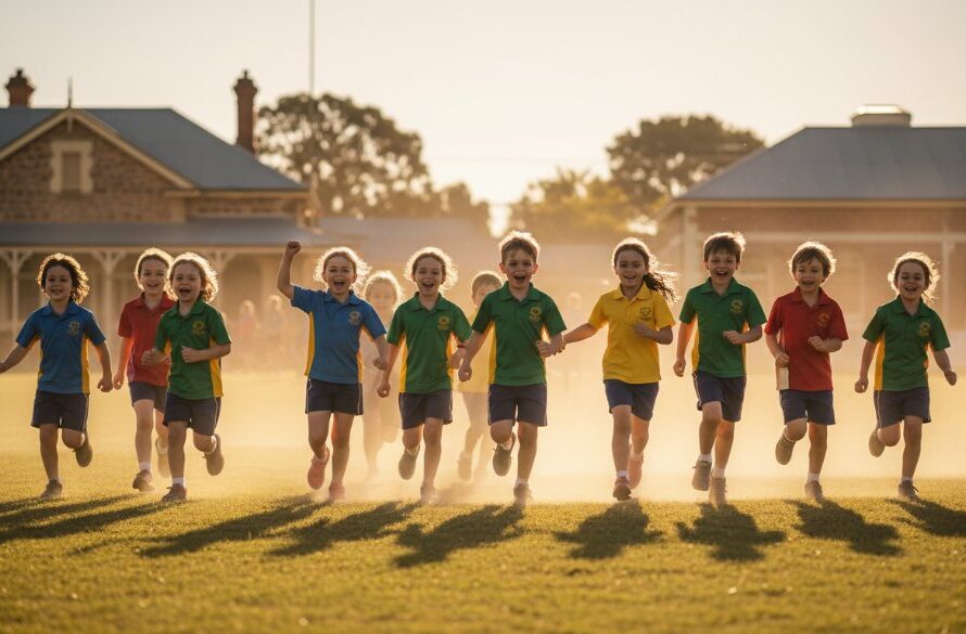 A vibrant, professionally colour-graded photograph showcasing the joy and camaraderie of students during a school sports day in Clunes, Victoria, perfectly capturing professional school photography Clunes Victoria memories with dynamic action and bright smiles under dramatic afternoon light.