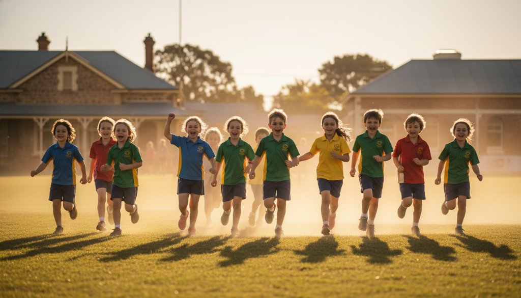 A vibrant, professionally colour-graded photograph showcasing the joy and camaraderie of students during a school sports day in Clunes, Victoria, perfectly capturing professional school photography Clunes Victoria memories with dynamic action and bright smiles under dramatic afternoon light.