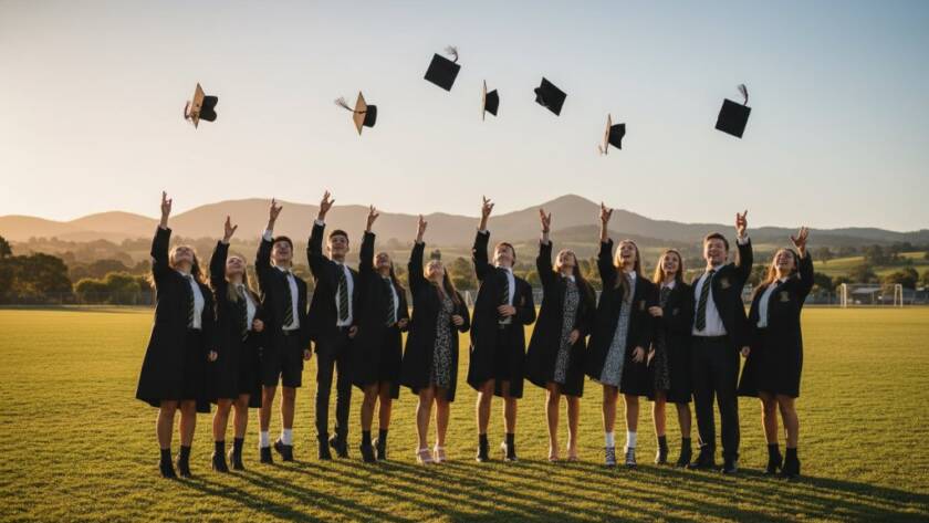 Dramatic, cinematic photo of graduating students in Croydon North, Victoria, celebrating an achievement with a joyful toss of caps, captured by professional school photography Croydon North Victoria, bathed in golden hour sunlight with the Dandenong Ranges in the background.