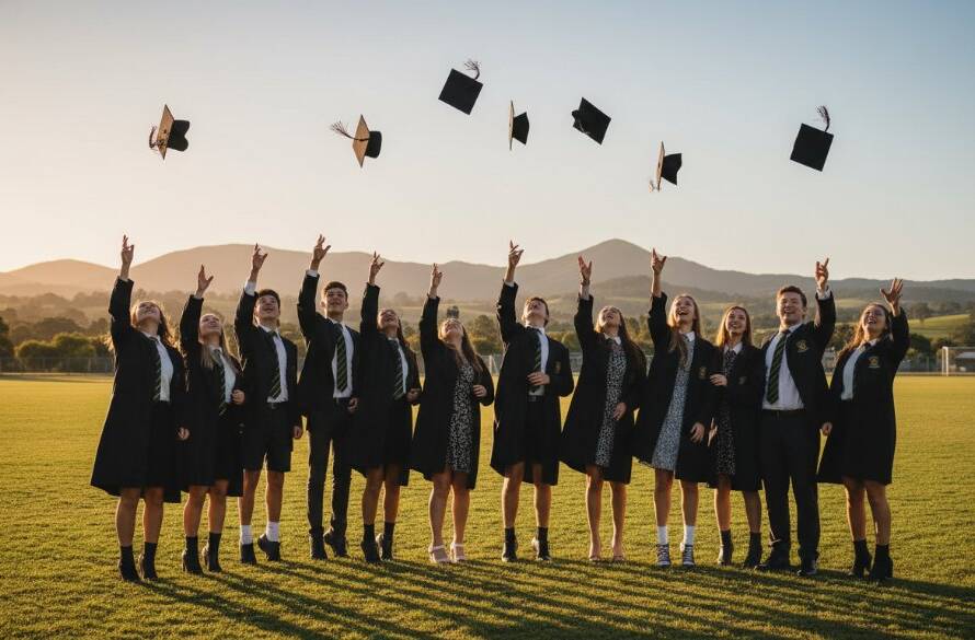 Dramatic, cinematic photo of graduating students in Croydon North, Victoria, celebrating an achievement with a joyful toss of caps, captured by professional school photography Croydon North Victoria, bathed in golden hour sunlight with the Dandenong Ranges in the background.