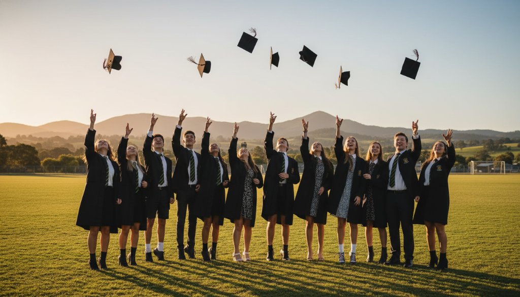 Dramatic, cinematic photo of graduating students in Croydon North, Victoria, celebrating an achievement with a joyful toss of caps, captured by professional school photography Croydon North Victoria, bathed in golden hour sunlight with the Dandenong Ranges in the background.