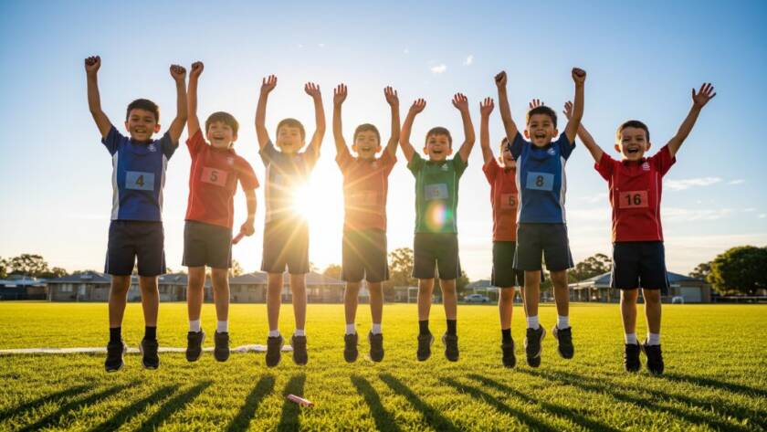 Professional school photography Delahey Victoria capturing a joyous group of diverse students laughing together on a sunny school oval, with dynamic lens flare and vibrant colours, a true epic moment of school life.