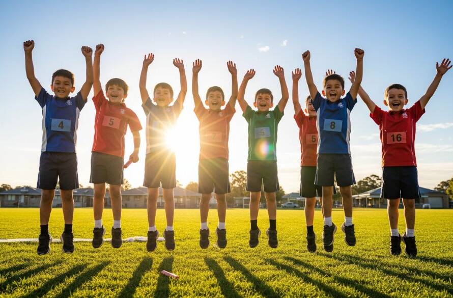 Professional school photography Delahey Victoria capturing a joyous group of diverse students laughing together on a sunny school oval, with dynamic lens flare and vibrant colours, a true epic moment of school life.