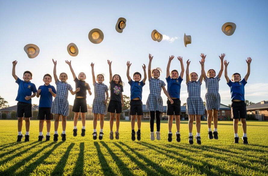 An energetic group of diverse primary school students in North Geelong, celebrating a successful sports day, captured with professional school photography North Geelong VIC, showcasing their genuine joy against a vibrant school oval backdrop at golden hour, with dramatic backlighting and professional cinematic colour grading.