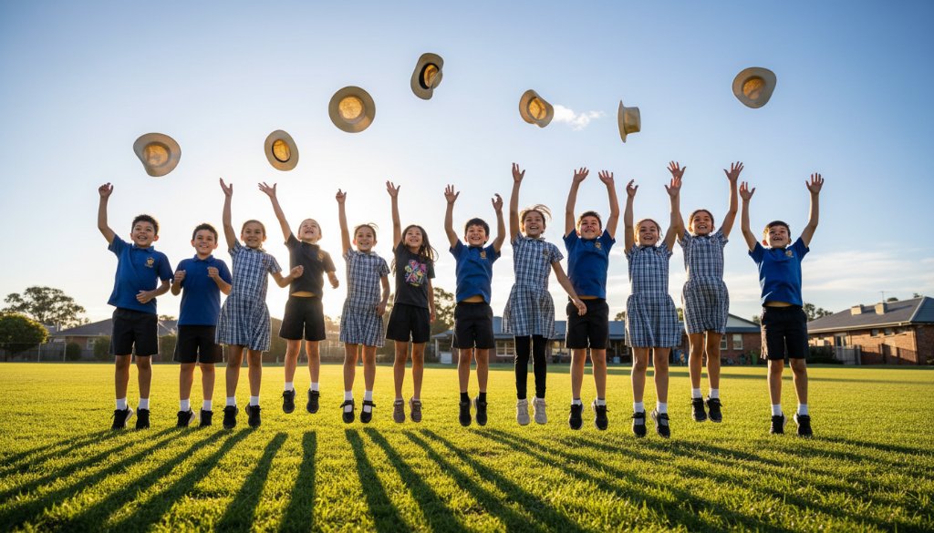 An energetic group of diverse primary school students in North Geelong, celebrating a successful sports day, captured with professional school photography North Geelong VIC, showcasing their genuine joy against a vibrant school oval backdrop at golden hour, with dramatic backlighting and professional cinematic colour grading.