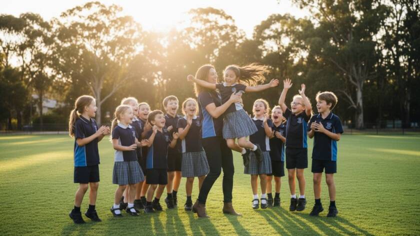 An emotionally charged, professionally colour-graded cinematic photograph showcasing professional school photography services Wantirna South, featuring a group of beaming primary school children in their school uniforms, joyfully embracing their teacher on a sunny oval, perhaps near Liberty Avenue Reserve, with dramatic backlighting silhouetting their joyful expressions and highlighting the vibrant green grass, evoking a sense of community and cherished memories, captured from a low angle to enhance their celebratory mood.