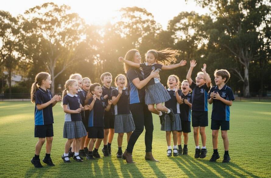 An emotionally charged, professionally colour-graded cinematic photograph showcasing professional school photography services Wantirna South, featuring a group of beaming primary school children in their school uniforms, joyfully embracing their teacher on a sunny oval, perhaps near Liberty Avenue Reserve, with dramatic backlighting silhouetting their joyful expressions and highlighting the vibrant green grass, evoking a sense of community and cherished memories, captured from a low angle to enhance their celebratory mood.