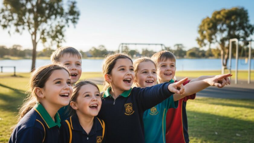 An epic moment captured in Shepparton showcasing professional school photography capturing genuine smiles; a group of diverse primary school children laughing joyfully in a sun-drenched schoolyard, with the iconic Victoria Park Lake visible softly in the background. Dramatic golden hour lighting, professional shallow depth of field, vibrant colours.