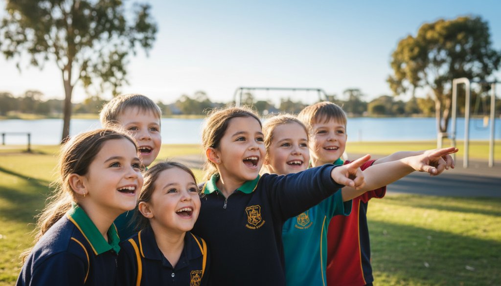 An epic moment captured in Shepparton showcasing professional school photography capturing genuine smiles; a group of diverse primary school children laughing joyfully in a sun-drenched schoolyard, with the iconic Victoria Park Lake visible softly in the background. Dramatic golden hour lighting, professional shallow depth of field, vibrant colours.