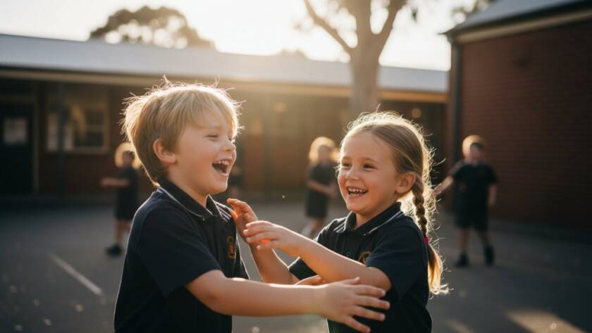 A vibrant, candid photograph capturing the genuine, joyful natural expressions of two primary school children laughing together on a sunny playground at a Box Hill North school, with professional lighting and warm colour grading.
