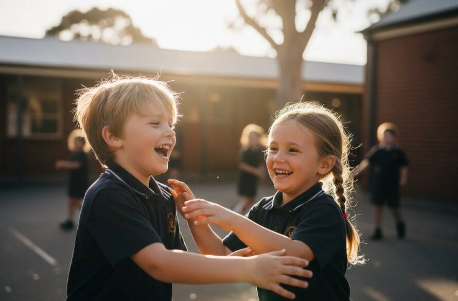 A vibrant, candid photograph capturing the genuine, joyful natural expressions of two primary school children laughing together on a sunny playground at a Box Hill North school, with professional lighting and warm colour grading.