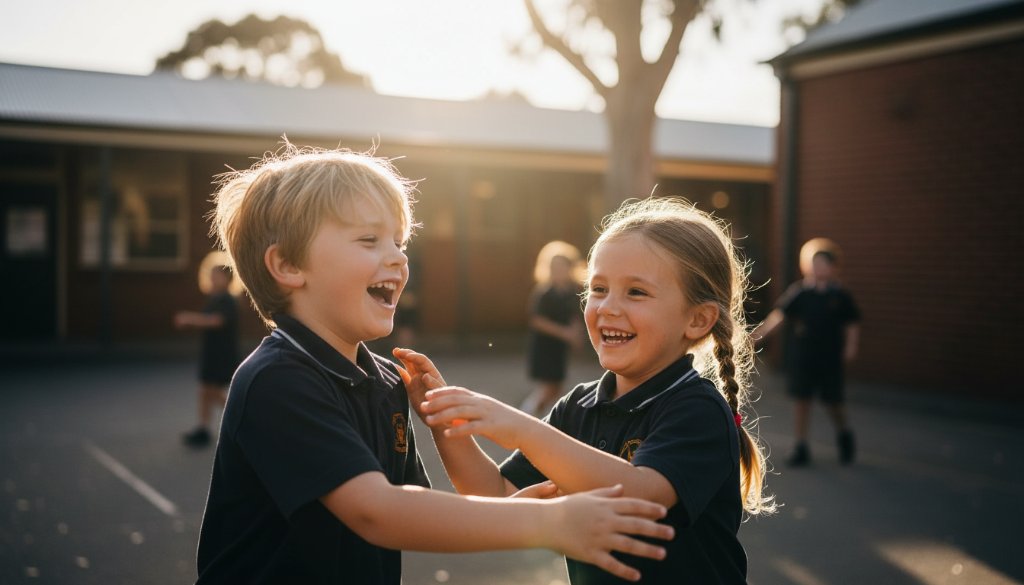 A vibrant, candid photograph capturing the genuine, joyful natural expressions of two primary school children laughing together on a sunny playground at a Box Hill North school, with professional lighting and warm colour grading.