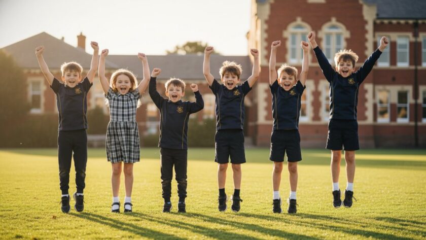 An epic moment of joy captured in Professional South Geelong school photography vibrant memories, showing a group of diverse primary school students laughing and celebrating outdoors at a South Geelong school, with dynamic backlighting highlighting their expressions.