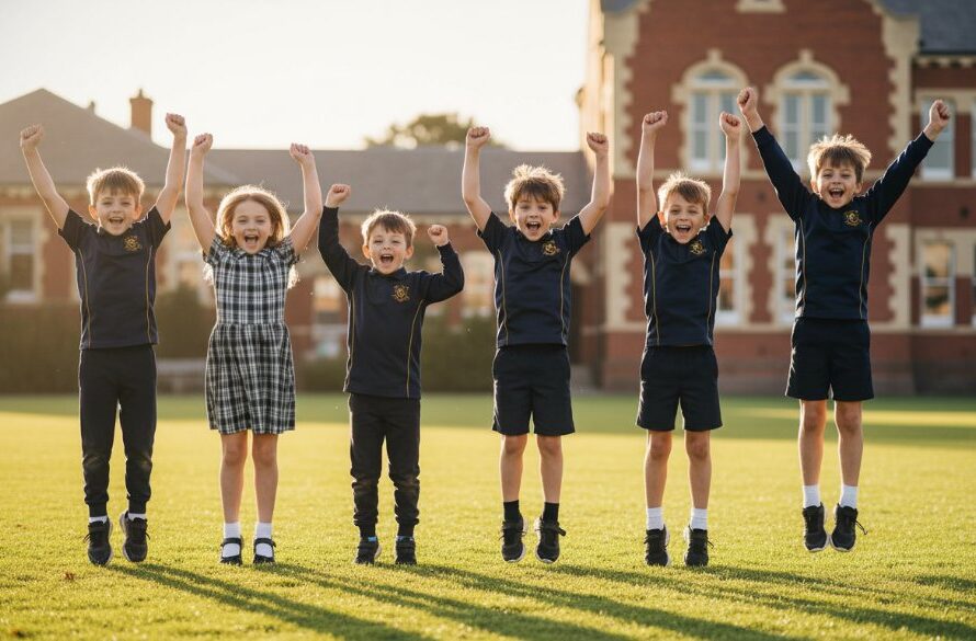 An epic moment of joy captured in Professional South Geelong school photography vibrant memories, showing a group of diverse primary school students laughing and celebrating outdoors at a South Geelong school, with dynamic backlighting highlighting their expressions.