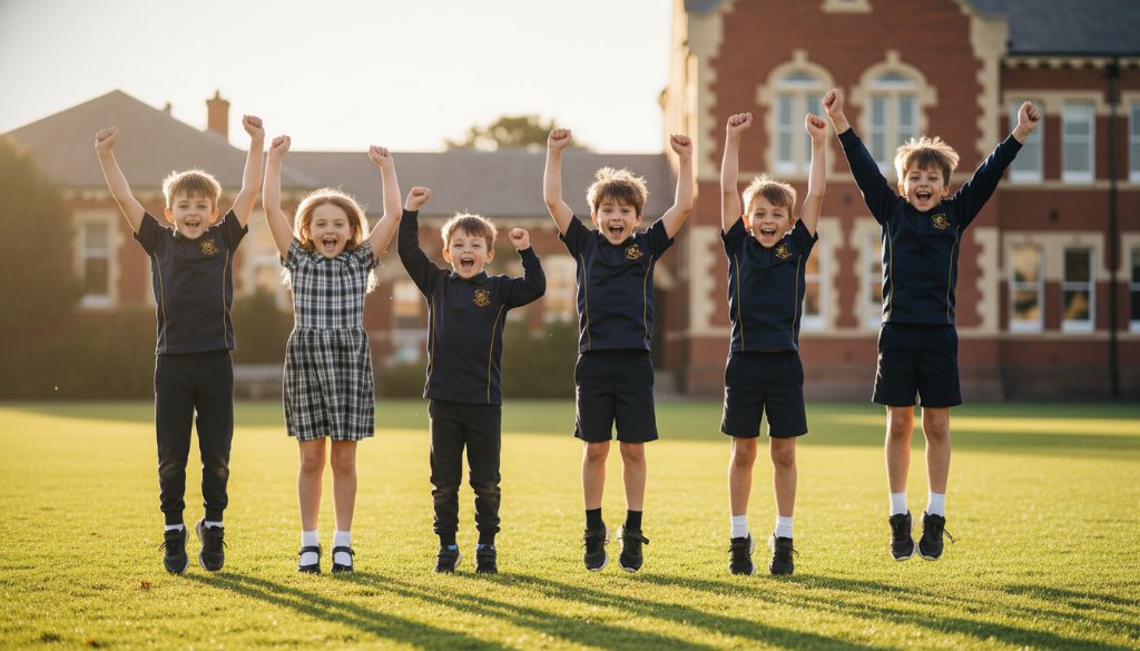 An epic moment of joy captured in Professional South Geelong school photography vibrant memories, showing a group of diverse primary school students laughing and celebrating outdoors at a South Geelong school, with dynamic backlighting highlighting their expressions.