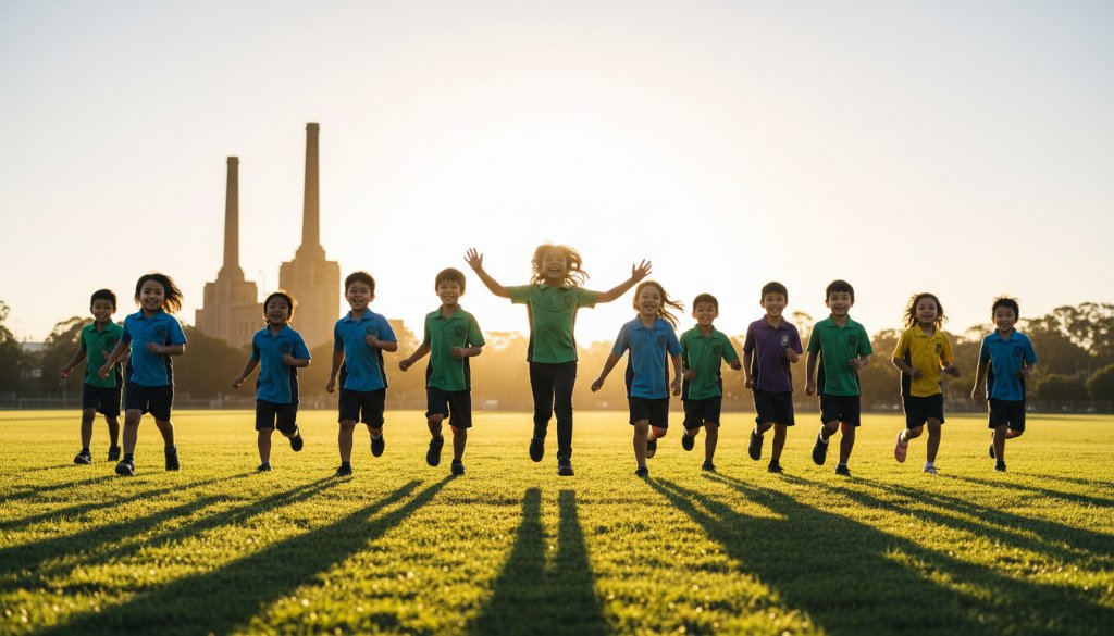 An epic moment of a joyful student leaping mid-air on a sunny Spotswood oval, captured by professional Spotswood school photography for vibrant student portraits, showcasing fun and energy.