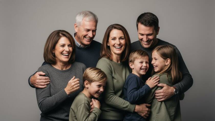 An emotionally resonant, professional studio family photos Melton West Victoria portrait featuring a family laughing joyfully, bathed in dramatic, soft light, creating a cinematic and heartwarming scene.