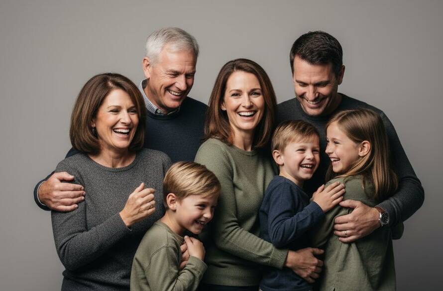 An emotionally resonant, professional studio family photos Melton West Victoria portrait featuring a family laughing joyfully, bathed in dramatic, soft light, creating a cinematic and heartwarming scene.