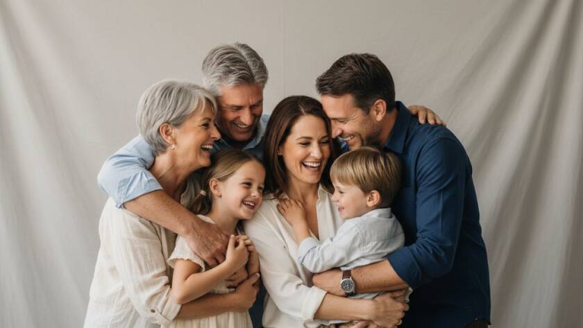 An emotionally resonant, candid moment of a family laughing joyfully during a professional studio photography Bayswater North family portraits session, beautifully lit and professionally colour-graded, capturing pure connection.
